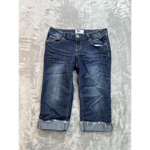 SO Jeans Girls Juniors Sz 7 Dark Blue Capri Cuffed Crop Stretch Whiskered Faded